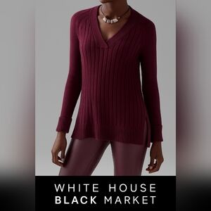 WHITE HOUSE‎ BLACK MARKET V neck Burgundy Red Cashmere Ribbed Knit Tunic Sweater